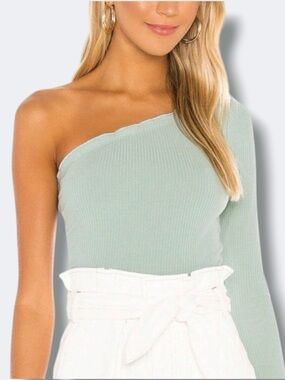 Superdown Sandra Top Women S Sage Green One Shoulder Ribbed Lettuce Hem Stretch